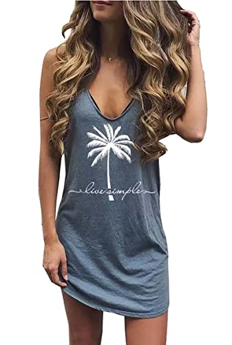 Sun Salt Sand Coconut Tree Tank Mini Dress for Women Sleeveless Beach Praty Shirts Summer Vacation Short Mini Dresses (Small, Blue)