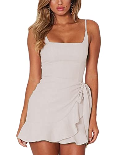 Relipop Women's Dress Spaghetti Strap Waist Tie Knot Wrap Front Ruffle Hem Short Dress (Apricot, Small)