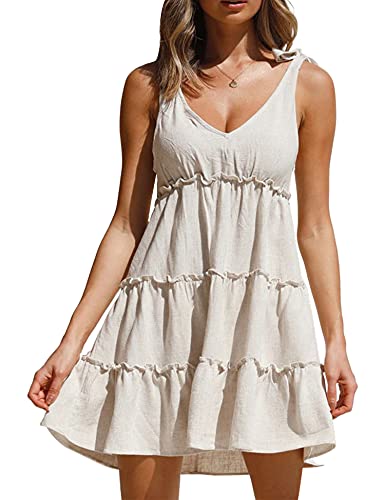 AIMCOO Women's Sleeveless Tie Shoulder Tiered Frill Swing Dress V Neck High Waist Loose Dresses Solid Mini Babydoll Dress Apricot