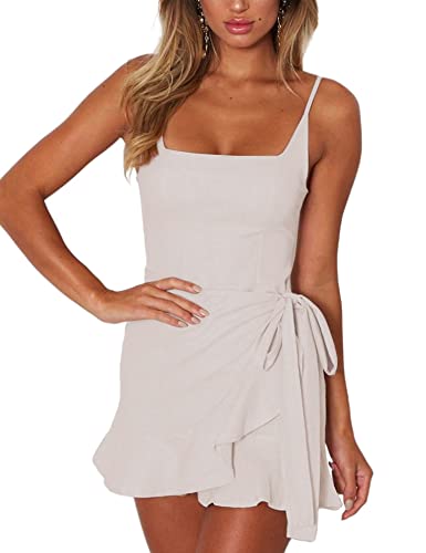 Relipop Women's Dress Spaghetti Strap Waist Tie Knot Wrap Front Ruffle Hem Short Dress (Apricot, Small)