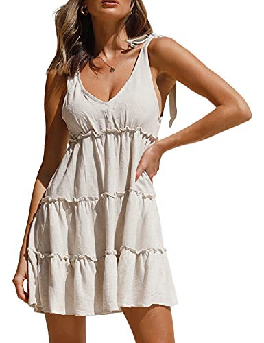 AIMCOO Women's Sleeveless Tie Shoulder Tiered Frill Swing Dress V Neck High Waist Loose Dresses Solid Mini Babydoll Dress Apricot