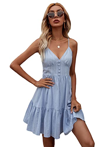 Floerns Women's Solid Sleeveless Ruffle Hem Shirred Boho Cami Short Dress Blue XS