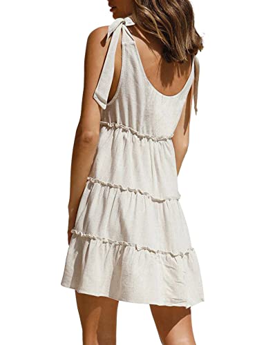 AIMCOO Women's Sleeveless Tie Shoulder Tiered Frill Swing Dress V Neck High Waist Loose Dresses Solid Mini Babydoll Dress Apricot