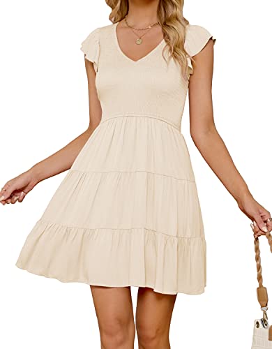 ZESICA Womens 2024 Summer Casual V Neck Flutter Sleeve Bohemian Ruffle Smocked A Line Swing Mini Dress,Beige,Small