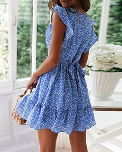 Womens Smocked Dress Ruffled Floral Print Flowy Mini Dresses Flutter Sleeve Sexy V Neck Cute Summer Short Dress