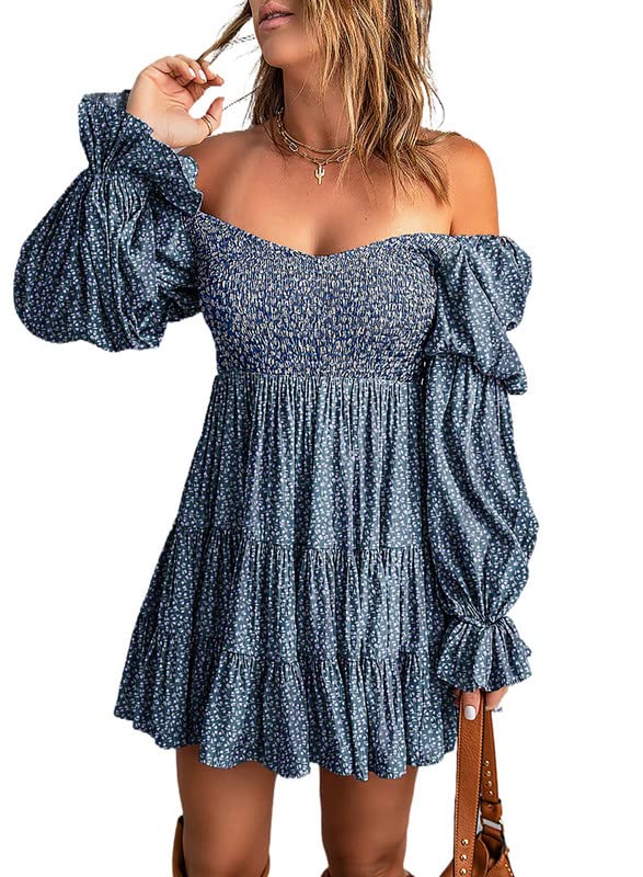 Dokotoo Women Cute Summer Spring Sexy Off The Shoulder Square V Neck Lantern Long Sleeve Babydoll Mini Short Dress Ruffle Smocked Easter A-Line Short Skater Dresses for Women Casual 2024 Blue X-Large