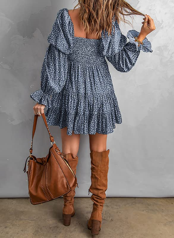 Dokotoo Women Cute Summer Spring Sexy Off The Shoulder Square V Neck Lantern Long Sleeve Babydoll Mini Short Dress Ruffle Smocked Easter A-Line Short Skater Dresses for Women Casual 2024 Blue X-Large