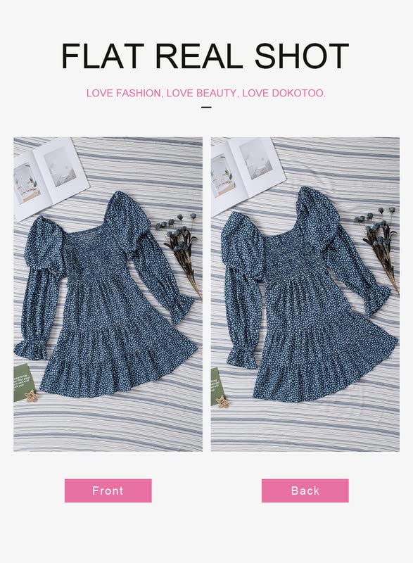 Dokotoo Women Cute Summer Spring Sexy Off The Shoulder Square V Neck Lantern Long Sleeve Babydoll Mini Short Dress Ruffle Smocked Easter A-Line Short Skater Dresses for Women Casual 2024 Blue X-Large