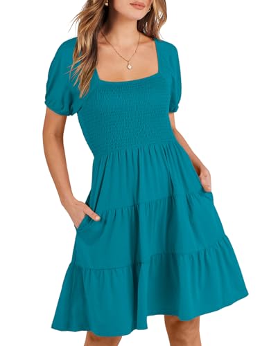 ANRABESS Womens 2024 Summer Casual Mini Dress Square Neck Puff Sleeve Boho Beach Cover Up Vacation Short Dress Lake Green Medium