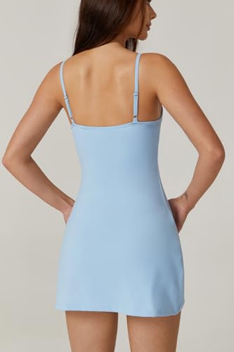 QINSEN Women's Summer Casual Tennis Workout Spaghetti Strap Backless Mini Dress with Shorts Blue M