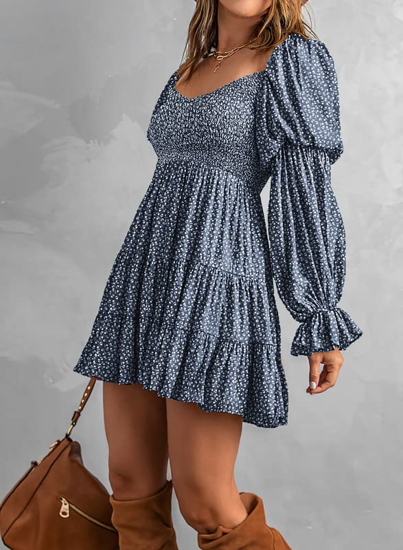 Dokotoo Women Cute Summer Spring Sexy Off The Shoulder Square V Neck Lantern Long Sleeve Babydoll Mini Short Dress Ruffle Smocked Easter A-Line Short Skater Dresses for Women Casual 2024 Blue X-Large