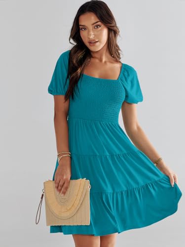 ANRABESS Womens 2024 Summer Casual Mini Dress Square Neck Puff Sleeve Boho Beach Cover Up Vacation Short Dress Lake Green Medium