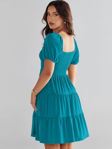 ANRABESS Womens 2024 Summer Casual Mini Dress Square Neck Puff Sleeve Boho Beach Cover Up Vacation Short Dress Lake Green Medium