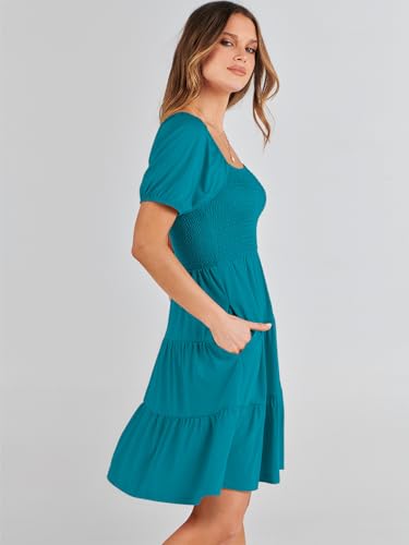 ANRABESS Womens 2024 Summer Casual Mini Dress Square Neck Puff Sleeve Boho Beach Cover Up Vacation Short Dress Lake Green Medium