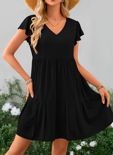PRETTYGARDEN Women's 2024 Summer Casual Short Dress Cap Sleeve V Neck Tiered Ruffle Swing A Line Dresses (Black,Large)