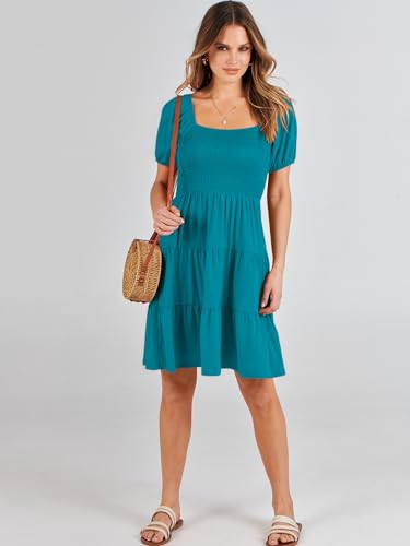 ANRABESS Womens 2024 Summer Casual Mini Dress Square Neck Puff Sleeve Boho Beach Cover Up Vacation Short Dress Lake Green Medium