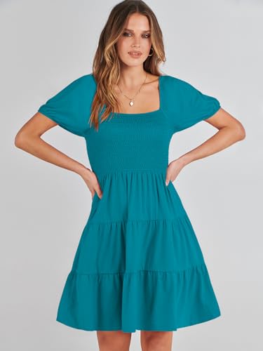 ANRABESS Womens 2024 Summer Casual Mini Dress Square Neck Puff Sleeve Boho Beach Cover Up Vacation Short Dress Lake Green Medium