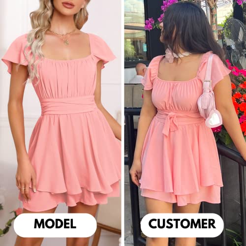 EXLURA Women's 2024 Summer Ruffle Short Sleeve Tie Back Romper Dress Square Neck A Line Cute Dressy Short Jumpsuits