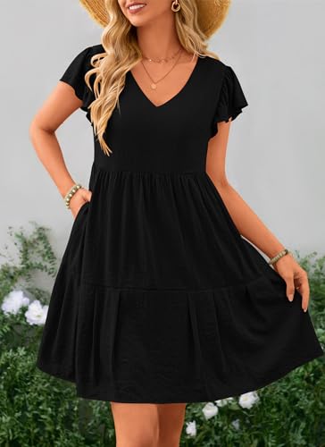 PRETTYGARDEN Women's 2024 Summer Casual Short Dress Cap Sleeve V Neck Tiered Ruffle Swing A Line Dresses (Black,Large)