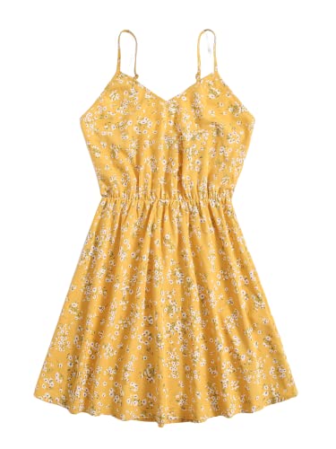 Verdusa Women's Sleeveless V Neck Daisy Floral Short A Line Swing Cami Dress Yellow XS