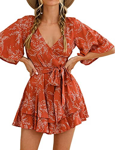 AIMCOO Womens Summer Short Flared Sleeve Romper V Neck Floral Print Jumpsuit Waist Tie Layer Ruffle Hem Dress Look Rompers (Red, Medium)
