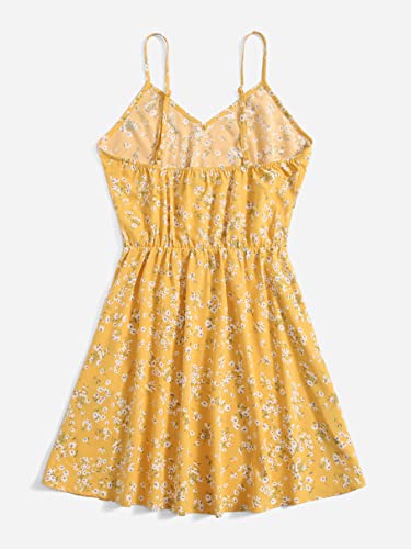 Verdusa Women's Sleeveless V Neck Daisy Floral Short A Line Swing Cami Dress Yellow XS