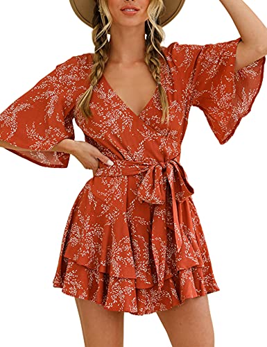 AIMCOO Womens Summer Short Flared Sleeve Romper V Neck Floral Print Jumpsuit Waist Tie Layer Ruffle Hem Dress Look Rompers (Red, Medium)
