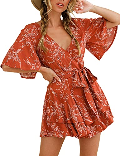 AIMCOO Womens Summer Short Flared Sleeve Romper V Neck Floral Print Jumpsuit Waist Tie Layer Ruffle Hem Dress Look Rompers (Red, Medium)