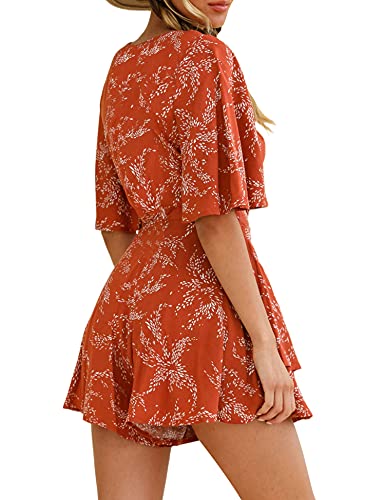 AIMCOO Womens Summer Short Flared Sleeve Romper V Neck Floral Print Jumpsuit Waist Tie Layer Ruffle Hem Dress Look Rompers (Red, Medium)