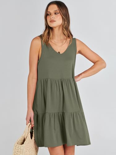 ANRABESS Womens Summer Casual Tank Dress Sleeveless V Neck T Shirt Sundress Flowy Tiered Swing Mini Beach Vacation Dresses Olive Green Small
