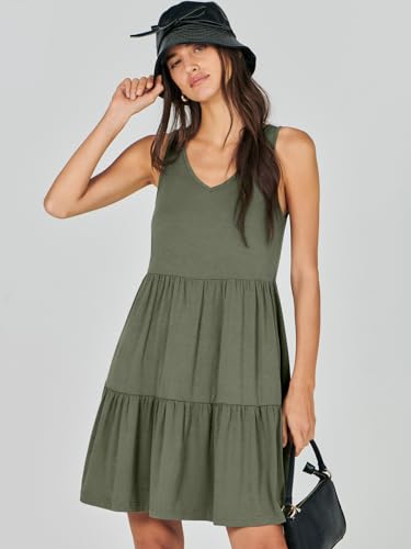 ANRABESS Womens Summer Casual Tank Dress Sleeveless V Neck T Shirt Sundress Flowy Tiered Swing Mini Beach Vacation Dresses Olive Green Small