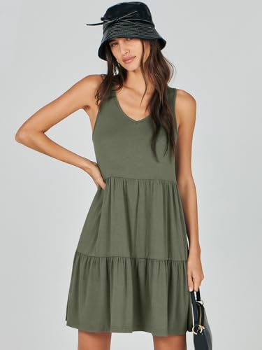 ANRABESS Womens Summer Casual Tank Dress Sleeveless V Neck T Shirt Sundress Flowy Tiered Swing Mini Beach Vacation Dresses Olive Green Small