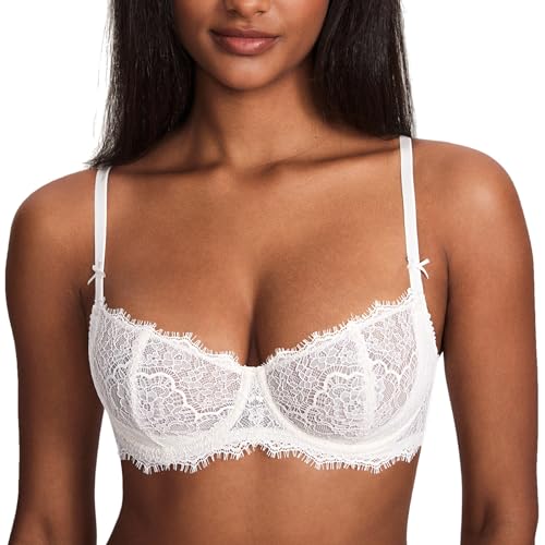 DOBREVA Women's Balconette Sexy Unlined Bra Lace Push Up Plus Size Bras See Through Underwire Coconut White 34B