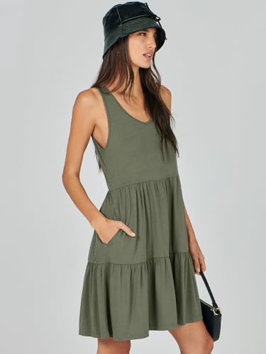 ANRABESS Womens Summer Casual Tank Dress Sleeveless V Neck T Shirt Sundress Flowy Tiered Swing Mini Beach Vacation Dresses Olive Green Small