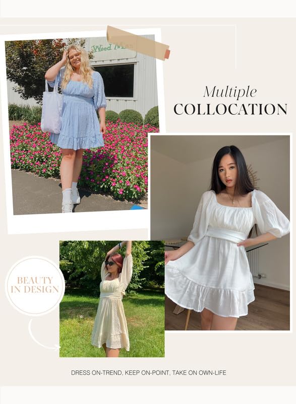 Dokotoo Womens Square Neck Mini Dress Tie Back Lantern Sleeve Summer Dresses Ruffle A-Line Grey Dress Casual Shirred Elastic Waist Sexy Dress Medium