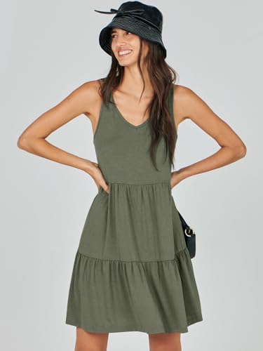 ANRABESS Womens Summer Casual Tank Dress Sleeveless V Neck T Shirt Sundress Flowy Tiered Swing Mini Beach Vacation Dresses Olive Green Small