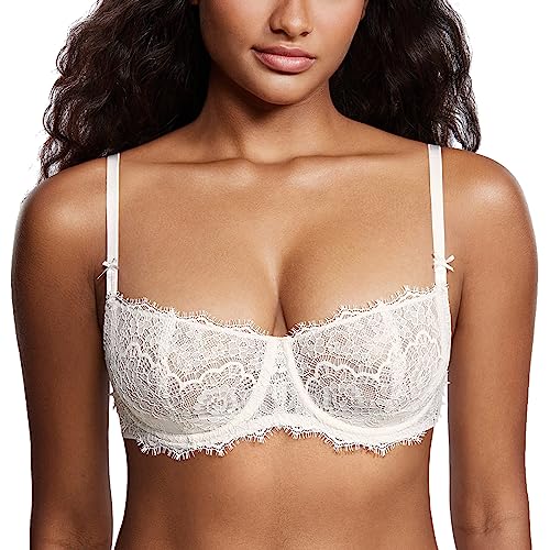 DOBREVA Women's Balconette Sexy Unlined Bra Lace Push Up Plus Size Bras See Through Underwire Coconut White 34B