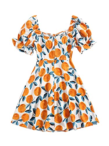 Floerns Women's Summer Drawstring Sweetheart Neck Puff Sleeve A Line Short Dress Orange L