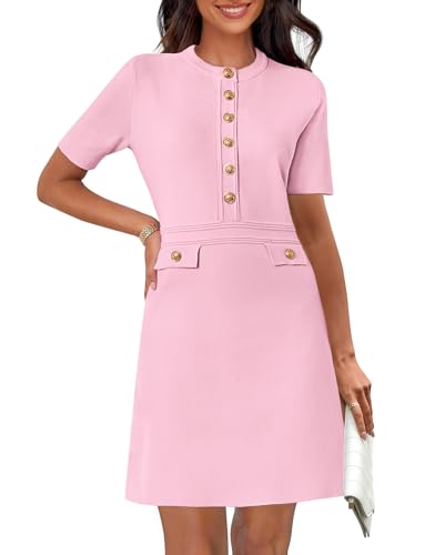 MEROKEETY Women's Summer Casual Button Down Short Dress High Waist Fitted Business Work Sweater Dresses, LightPink, Medium