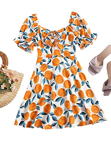 Floerns Women's Summer Drawstring Sweetheart Neck Puff Sleeve A Line Short Dress Orange L