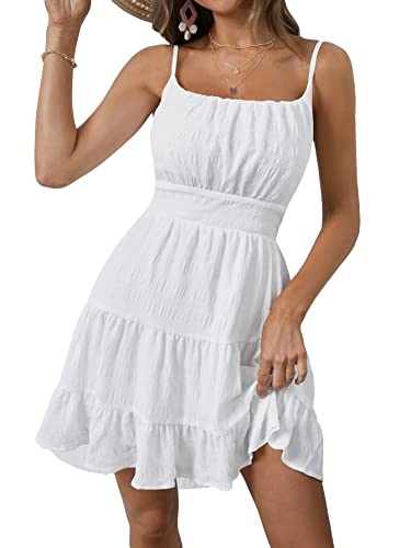 WDIRARA Women's Summer Textured Ruched Shirred Ruffle Hem A Line Dress High Waist Short Cami Dress Pure White Solid XS
