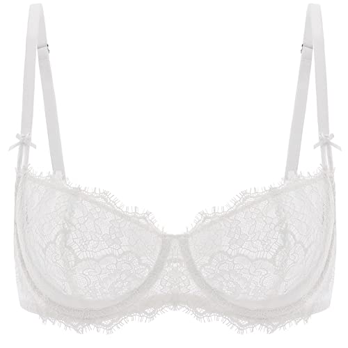 DOBREVA Women's Balconette Sexy Unlined Bra Lace Push Up Plus Size Bras See Through Underwire Coconut White 34B