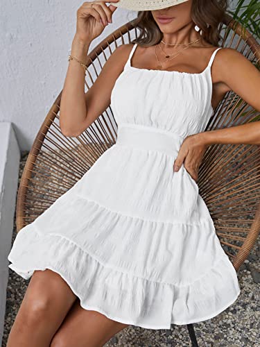 WDIRARA Women's Summer Textured Ruched Shirred Ruffle Hem A Line Dress High Waist Short Cami Dress Pure White Solid XS