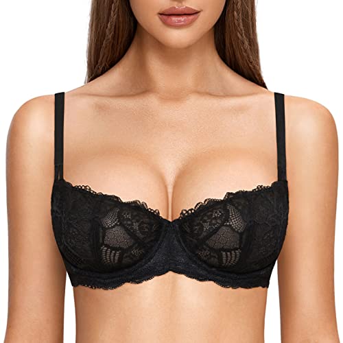 DOBREVA Women's Balconette Push Up Bra Sexy Lace Plus Size Unlined Sheer Underwire Black 34B