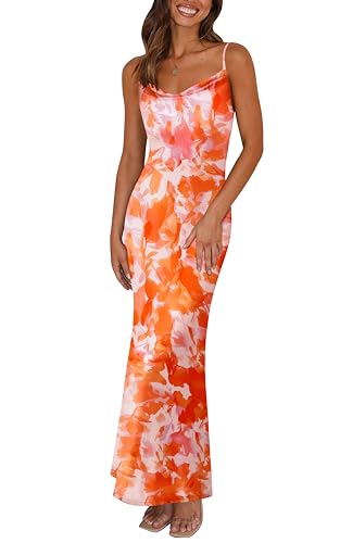 PRETTYGARDEN Women's 2024 Summer Dress Floral Spaghetti Straps Bodycon Dresses Plus Size Sexy Party Maxi Long Skims Dress (Light Orange,X-Large)