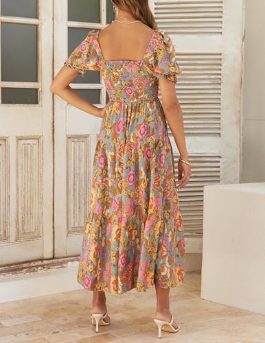 ZESICA Women's 2024 Summer Boho Floral Print Square Neck Ruffle Swing Beach Long Maxi Dress,GreyGreen,Medium