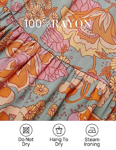 ZESICA Women's 2024 Summer Boho Floral Print Square Neck Ruffle Swing Beach Long Maxi Dress,GreyGreen,Medium