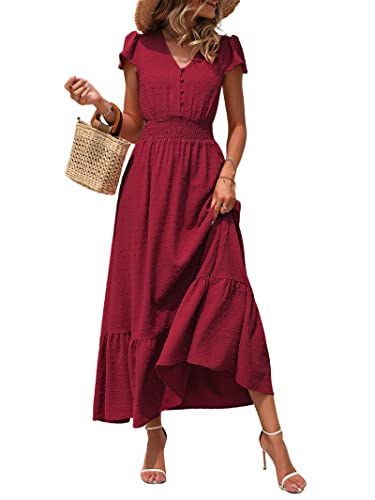 PRETTYGARDEN Womens Summer Boho Maxi Dress Short Sleeve Swiss Dot Flowy Long Dress V Neck Smocked Waist Beach Party Sun Dress(Red,X-Large)