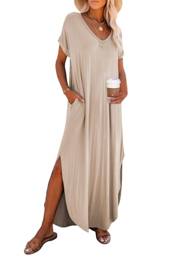 Dokotoo Womens Spring Summer Boho Hawaiian Vacation Outfits Fashion Long Dress T-Shirt Dress Short Sleeve Casual Loose Plain Maxi Beach Dresses Resort Wear Sundress with Pockets Parchment Small