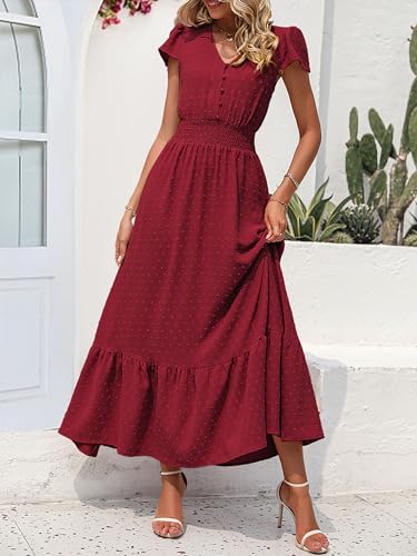 PRETTYGARDEN Womens Summer Boho Maxi Dress Short Sleeve Swiss Dot Flowy Long Dress V Neck Smocked Waist Beach Party Sun Dress(Red,X-Large)